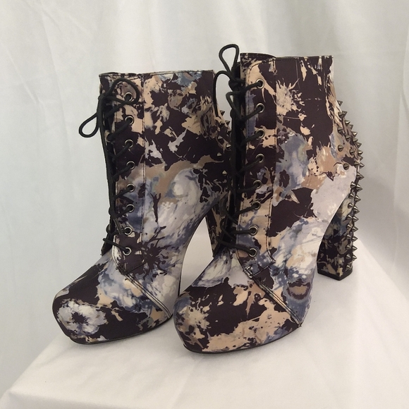 Call It Spring Blue And Cream Floral Lace-Up Boots with Studded Heels - Picture 6 of 6